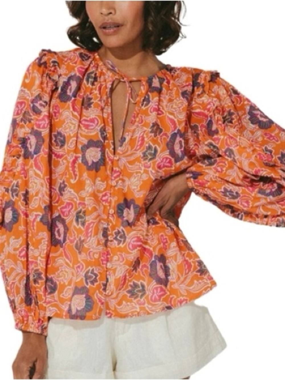 Cleobella Talia Floral Top With Ruffled Sleeves And A‎ Tassel Tie Front